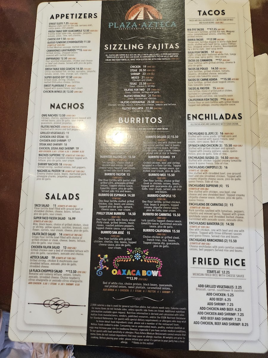 Menu Plaza Azteca Mexican Restaurant · Obx-1
