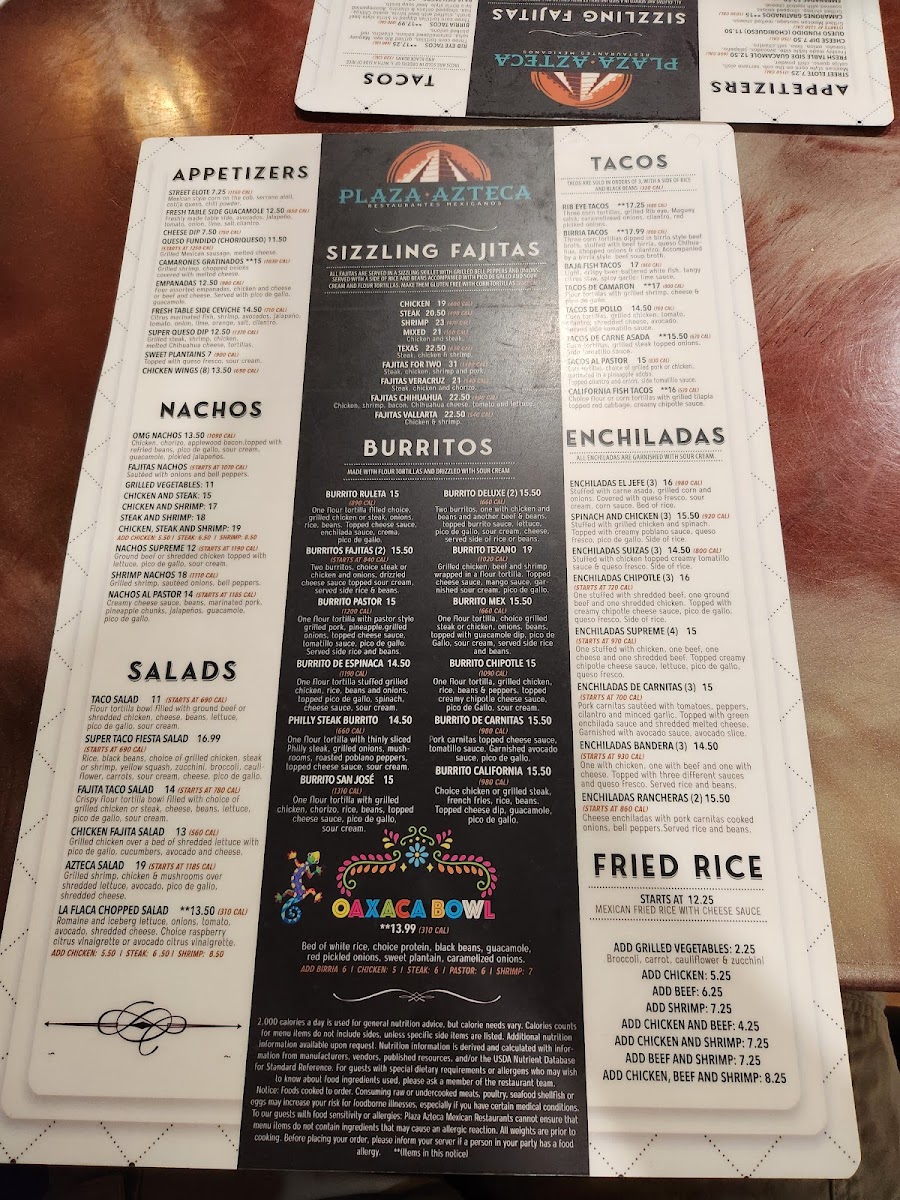 Menu Plaza Azteca Mexican Restaurant · Obx-10