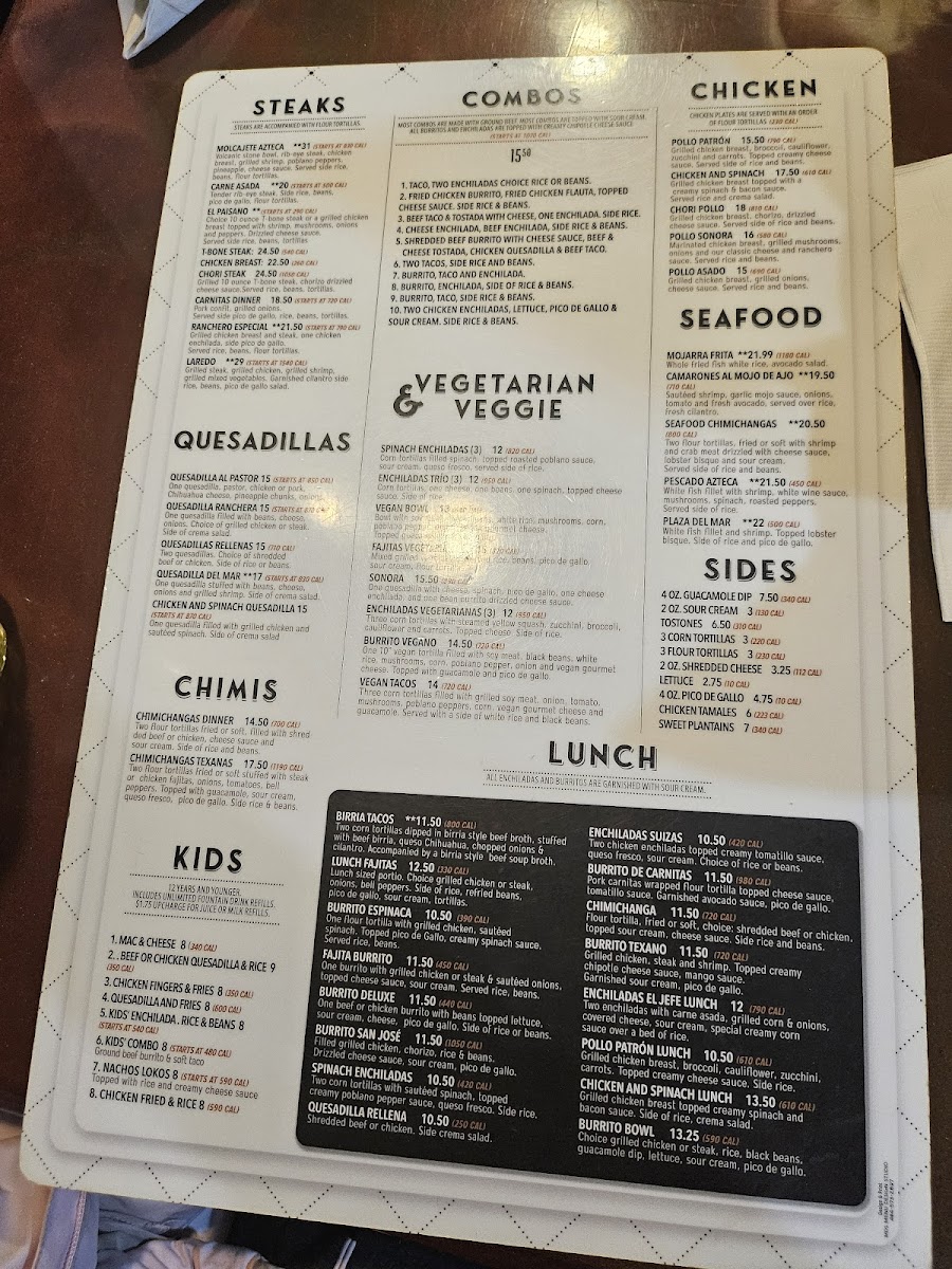 Menu Plaza Azteca Mexican Restaurant · Obx-2