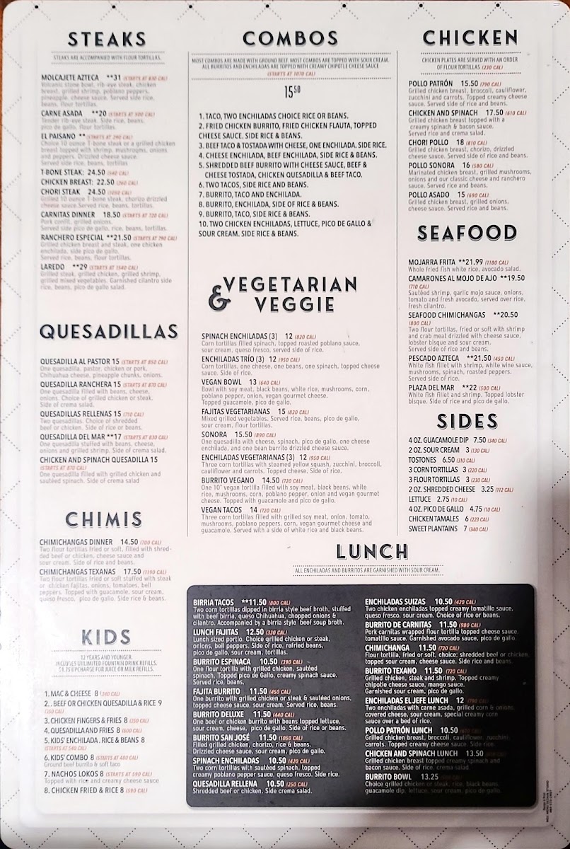 Menu Plaza Azteca Mexican Restaurant · Obx-3