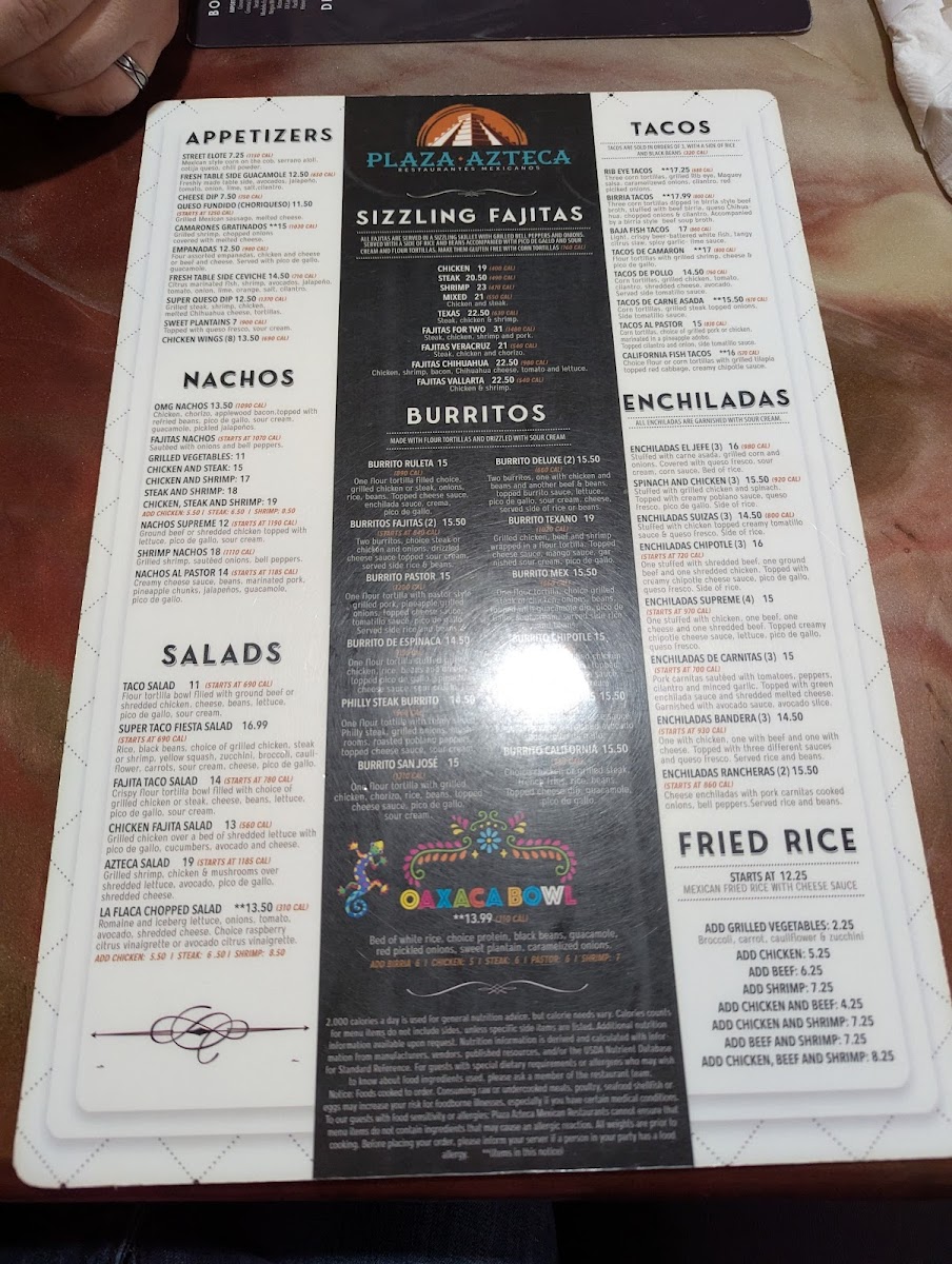 Menu Plaza Azteca Mexican Restaurant · Obx-4
