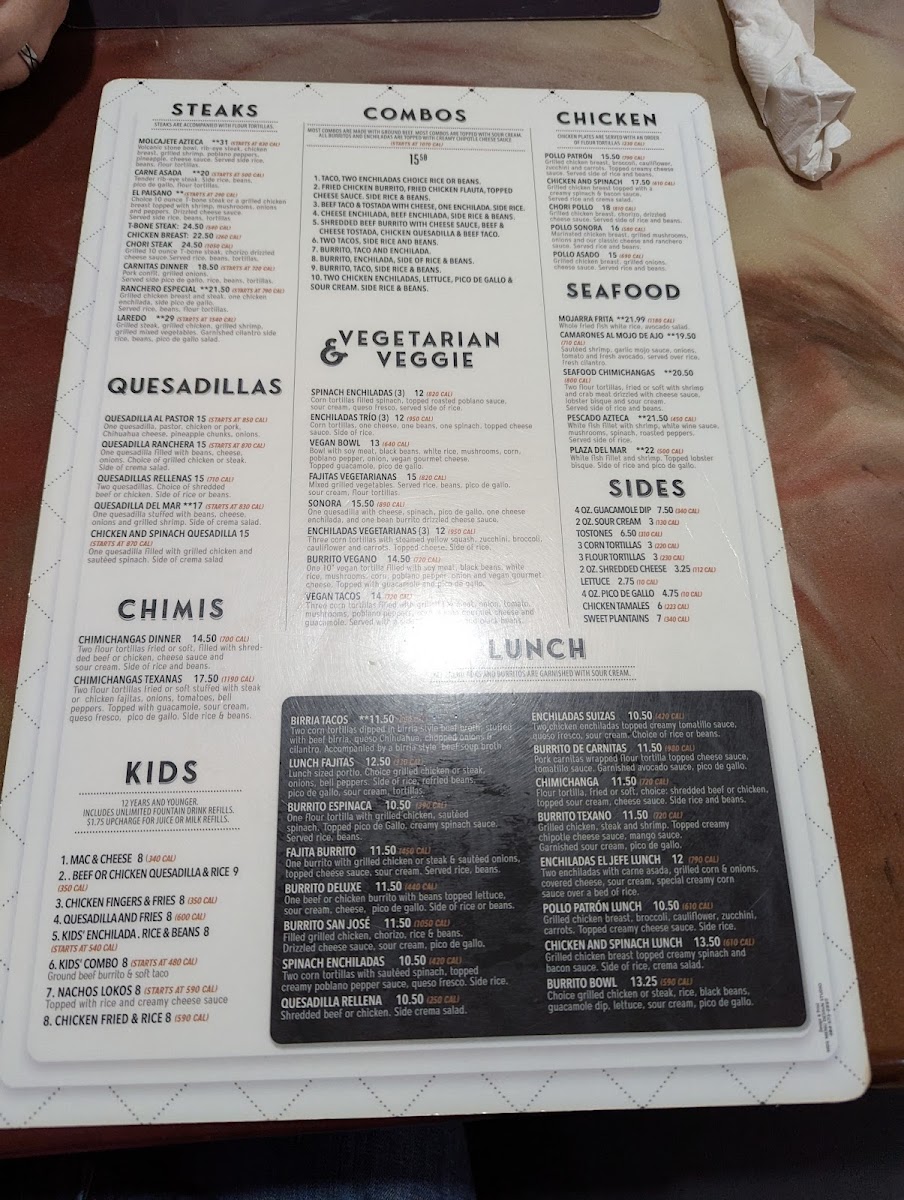 Menu Plaza Azteca Mexican Restaurant · Obx-5