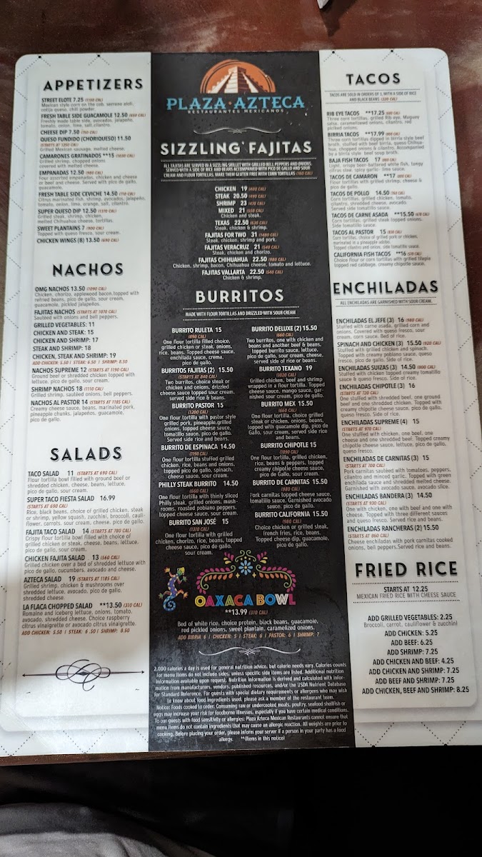 Menu Plaza Azteca Mexican Restaurant · Obx-8
